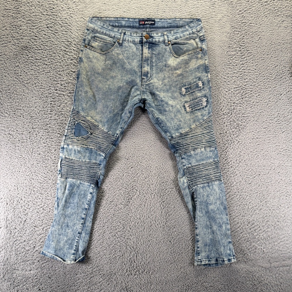 Phat Farm Jeans Mens 36x30 Blue Denim Straight Leg Biker Distressed Moto Stretch